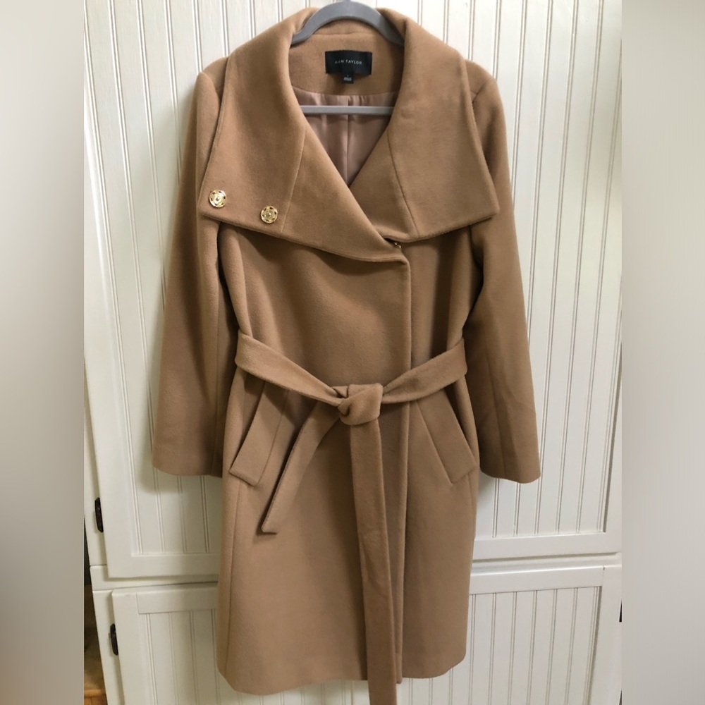 NWOT Ann Taylor Wool Belted Funnel Neck Camel Belted Coat
